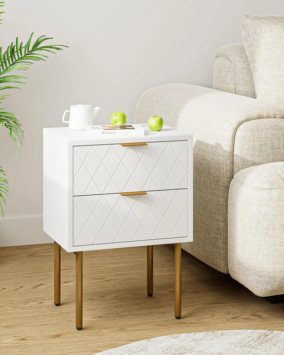 2 Drawer Dresser for Bedroom, Small Side Table with 2 Drawers, Bedside Furniture, Night Stand, End Table with Gold Frame for Bed