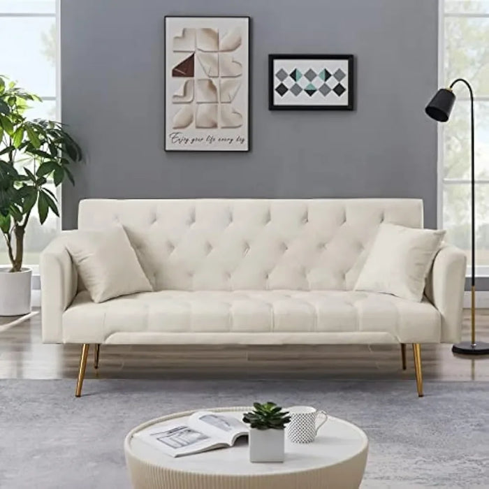 Velvet Upholstered Convertible Sofa Bed, Two-seater Sofa with Button Tufted with 2 Pillows