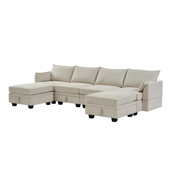 U Sectional Sofa with Storage Seat and Removable Cushions, Beige, 6 Seat Convertible Couch Sleeper Bed, Living Room Sofas