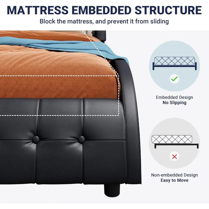 Bed frame with adjustable headboard, box tufted upholstered platform bed, mattress base with plank support, Modern Wave