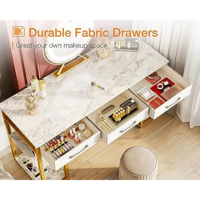 ODK Vanity Desk with Fabric Drawers & Storage Shelves, Makeup Dressing Table, Home Office Desks for Bedroom