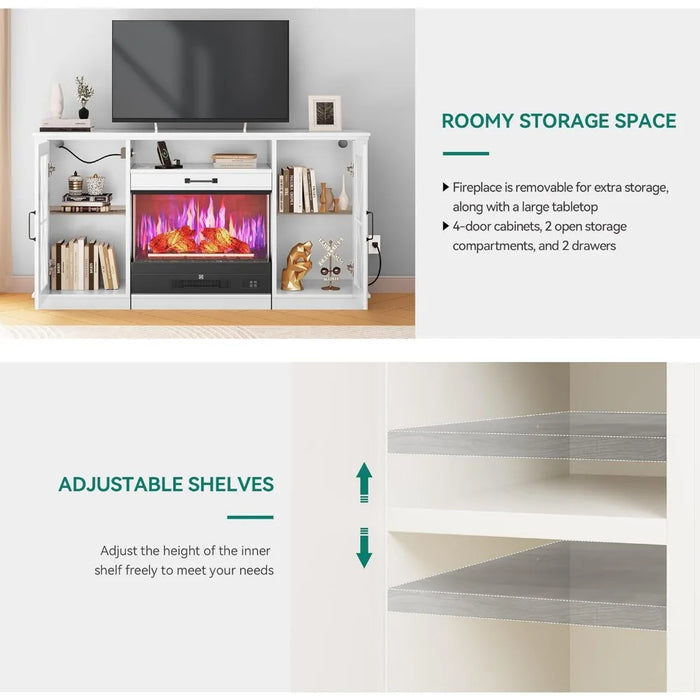 60 Inch TV Stand with Slidable Fireplace for up to 70" TVs, LED Fireplace TV Stands for Living Room, with Storage Cabinets