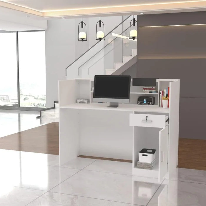 AIEGLE Reception Counter Desk with Adjustable Shelf & Lockable Drawersfor Salon Reception Room Checkout Office, White