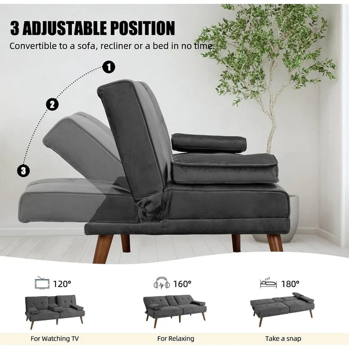 3 in 1 Convertible Sofa Bed Upholstered Small Folding Loveseat Couch w/Removable Armrest, Modern Futon Recliner Sleeper