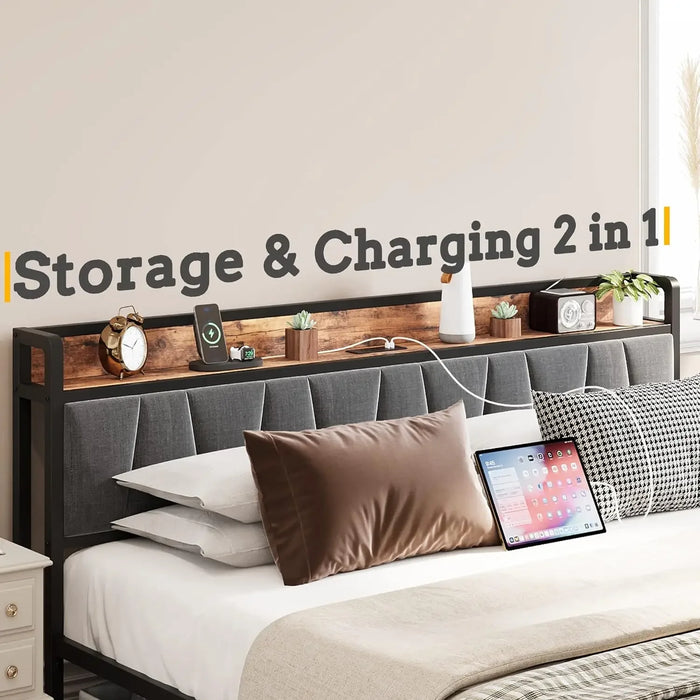 LIKIMIO King Size Bed Frame, Storage Headboard with Charging Station, Platform Bed with Drawers, No Box Spring Needed