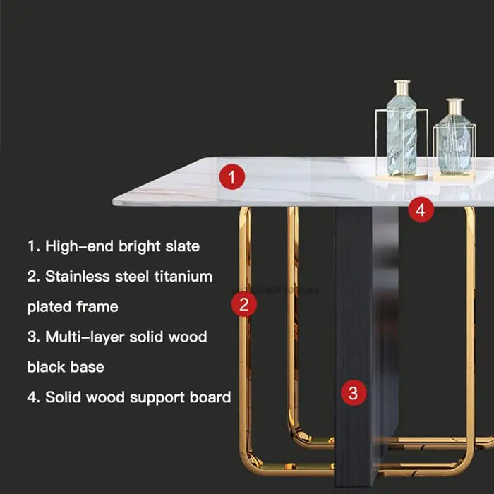 Modern Restaurant Dinning Furniture Simple Wooden Base Table Coffee Center Luxury Stainless Steel Frame Sltae Kitchen Table 1.8m