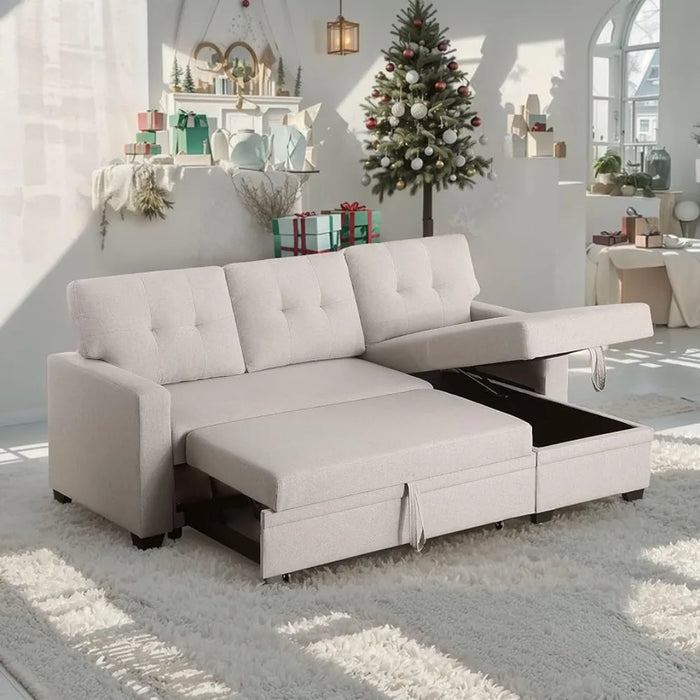 Living room sofa convertible modular with storage chaise longue and pull-out for living room,3-seater,linen upholstered sofa bed