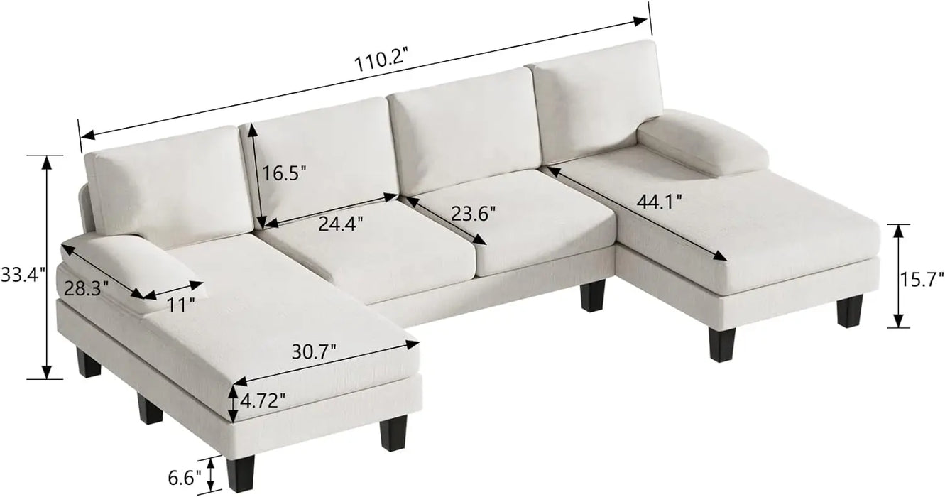 Living Room with Throw Pillows, U-Shaped Modern Minimalist Fabric Modular Sofa with Double Chaise & Memory Foam (White)