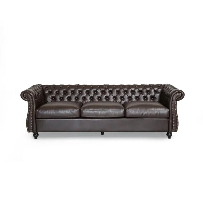 Living Room Faux Leather Sofa, Brown, 3 Seats Modern Couch Sofas