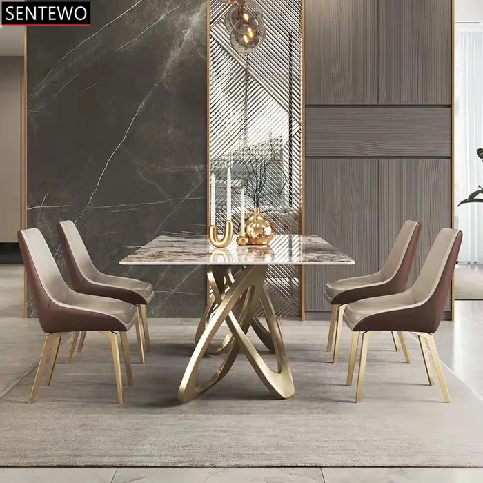 Luxury Marble Dining Table Set 6 8 Chairs Stainless Steel Gold Base Nordic Rock Slab Tables Chair Chaise Comedor 4 Sillas Tablo
