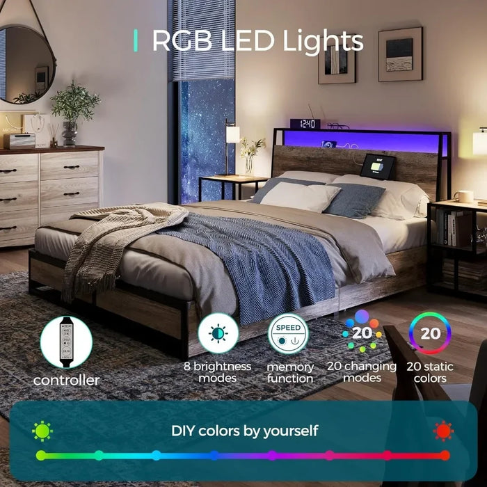 Bed FrameBed Frame with 4 drawers and headboard, Bed Frame with RGB lights and fast charger with storage