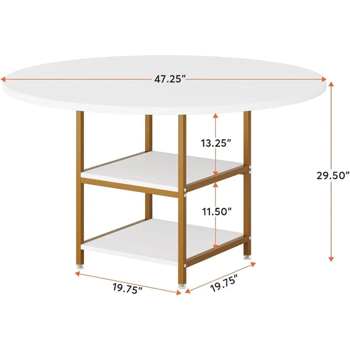 Tribesigns 47 Inches Round Dining Table for 4 People, Golden Kitchen Tables Dinner Table with 2-Tier Storage Shelves