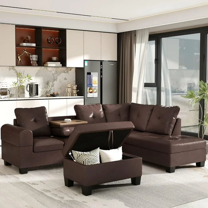 Sectional Sofa, L Shape Sofa, Right Recliner and Storage Footstool, Small PU Leather Living Room Sofa Sectional,