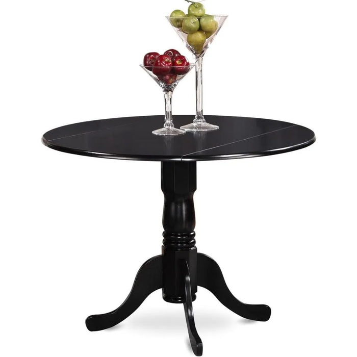 5 Piece Dining Room Furniture Set Includes a Round Dining Table with Dropleaf and 4 Black Faux Leather Upholstered Chairs