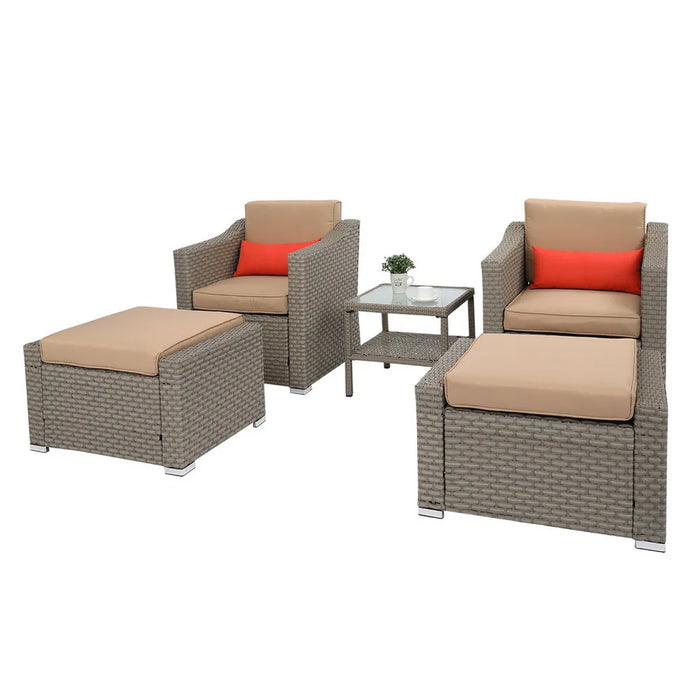 5Pcs Patio Furniture Suit Include 2 Double Contiguous Single Sofa 2 Pedals 1 Double Coffee Table Wide Rattan Gray[US-Stock]