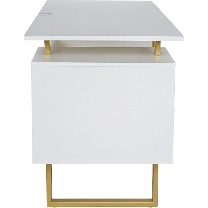 Storage Drawers and Cabinet 51.25” W-Modern Office Large Floating Desktop Surface Desk, White/Gold