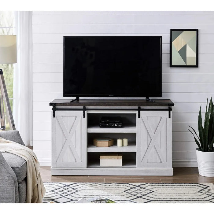 Living Room Furniture for Tv Table Gray Wash Wood TV Stand With Sliding Barn Door Entertainment Center With Storage Cabinet Ps5