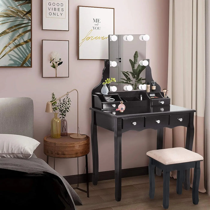 ENSTVER Vanity Set with Dimmer LED Light Bulbs,Makeup Table with Frameless Mirror and Cushioned Stool,5 Drawers,So