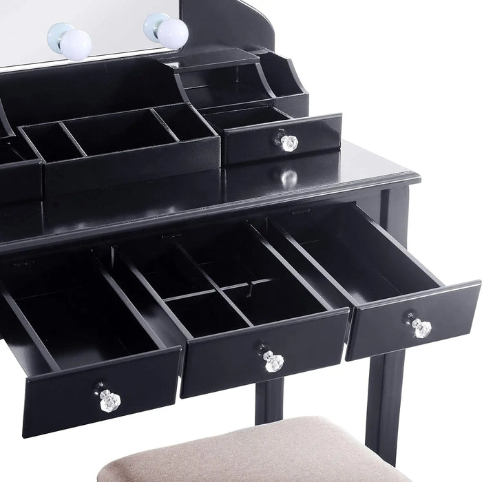 ENSTVER Vanity Set with Dimmer LED Light Bulbs,Makeup Table with Frameless Mirror and Cushioned Stool,5 Drawers,So