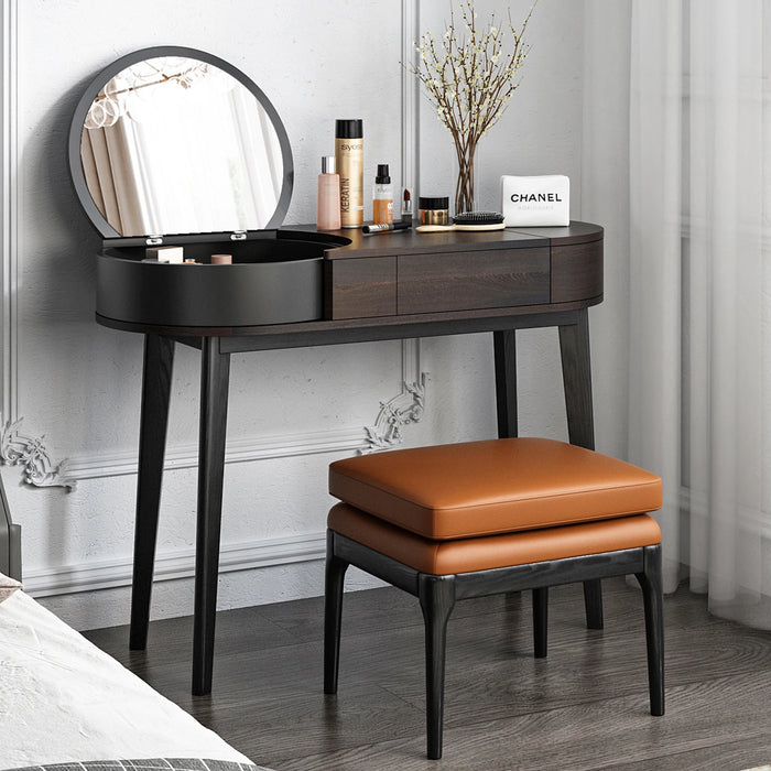Elegant Vanity: Dressing Table and Stool Set. Ornate Makeup Table with Mirror, Rotating Drawers, and Concealable Mirrors