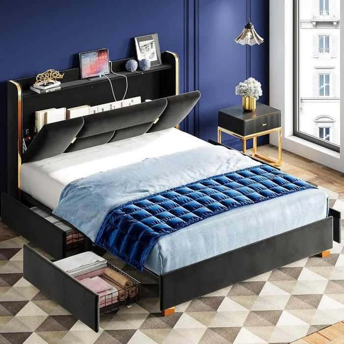 Modern Upholstered Bed ,with 4 Drawers, Upholstered Storage Headboard with Charging Station, Queen Bed Frame