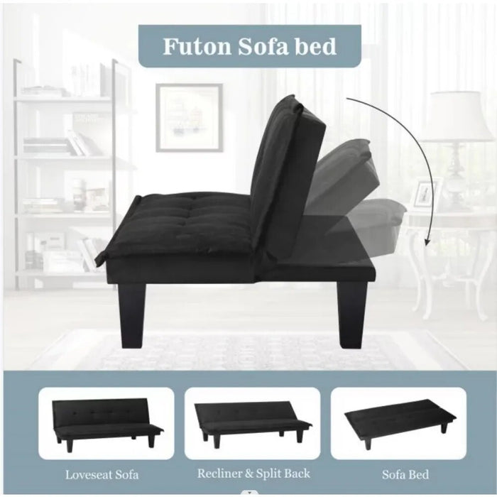 Futon Sofa Bed , 63.8'' Black Faux Suede Convertible Sofa Couch for Living Rooms, Apartments, And Offices,Living Room Sofas