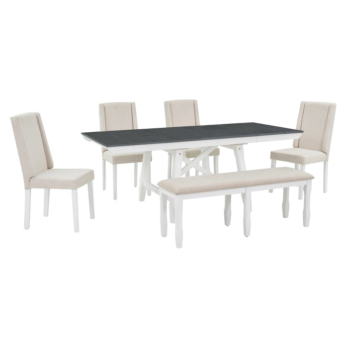 6-Piece Dining Table Set, Rectangular Extendable Dining Table with 2 Removable Leaves and 4 Chairs and 1 Bench,Gray/White