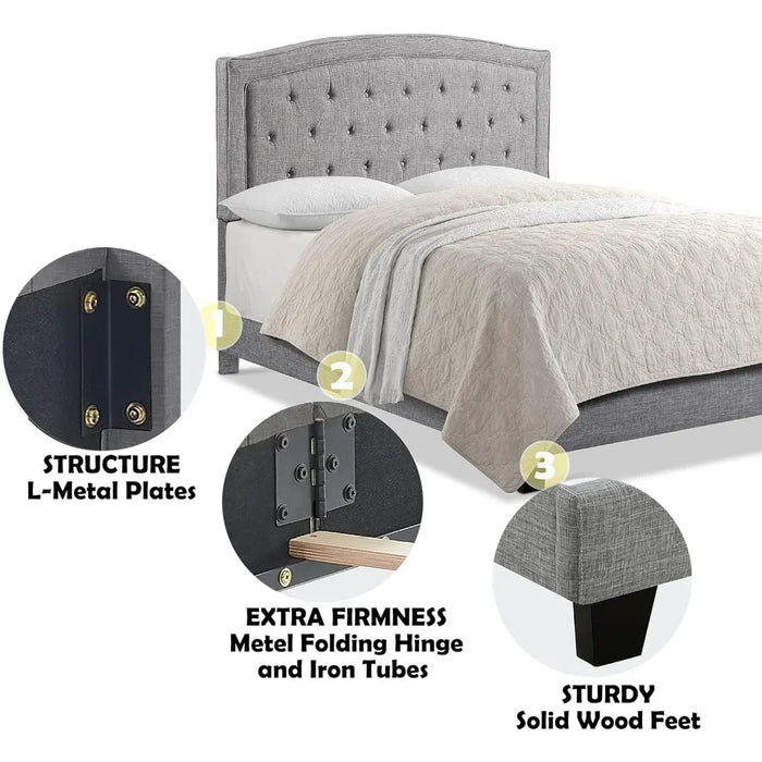 Bedroom furniture upholstered bed, bed with button tufted and adjustable height headboard, bedroom bed, queen bed, natural beige