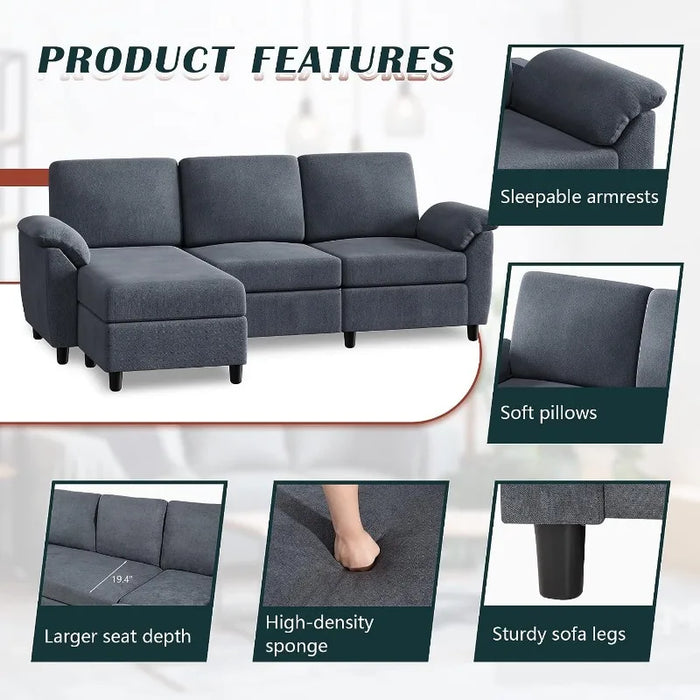 Convertible Sectional Sofa Couch,3 Seat L Shaped Sofa with Removable Pillows Linen Fabric Small Couch Mid Century for Living Roo