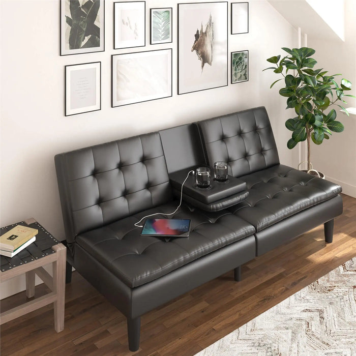 Mainstays Memory Foam Futon with Cupholder and USB, Black Faux Leather