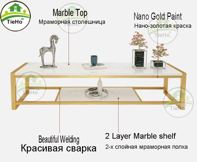 Modern Luxury Marble TV Furniture TV Cabinet TV Stand 2 Layer Storage Tables Living Room Furniture Gold Iron Small Apartment