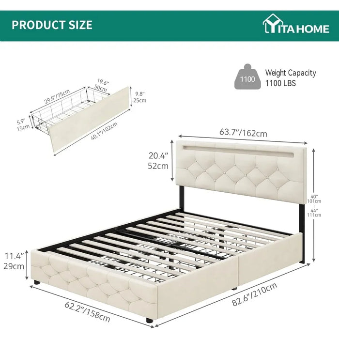 Led Bed Frame With 4 Storage Drawers, Adjustable Upholstered Headboard Platform Bed With Plank Support, No Need For A Spring Box
