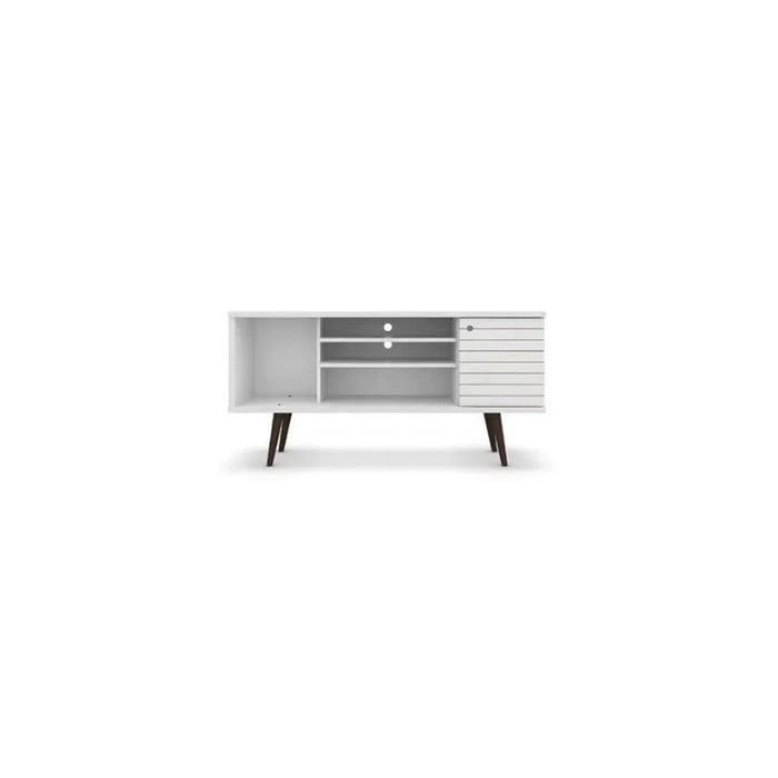 BOUSSAC 53.14" Mid Century - Modern TV Stand with 5 Shelves and 1 Door with Solid Wood Legs, White
