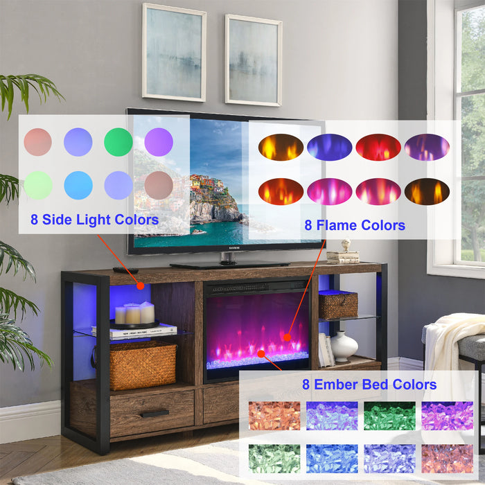 60 Inch Media TV Stand With Electric Fireplace Sync Colorful LED Lights Reclaimed Barnwood Color / Dark rustic oak[US-Stock]