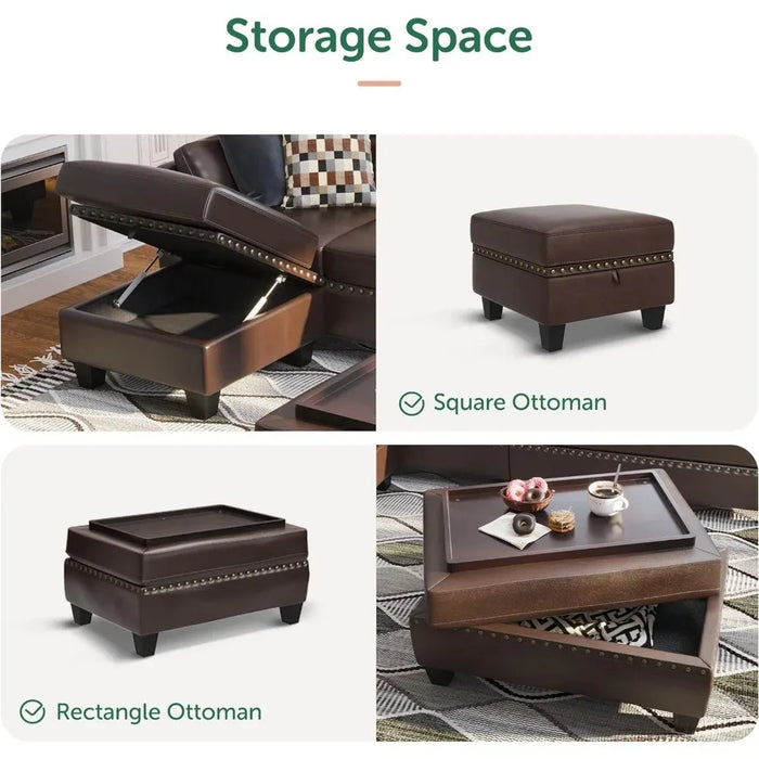 Brown Leather Sectional Sofa with Ottoman - Easy Assembly, Storage Space