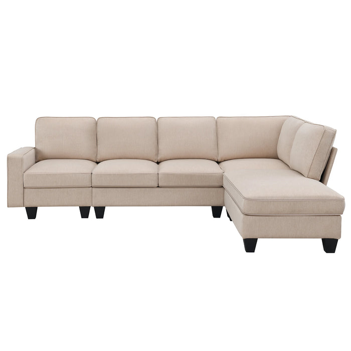 Modern L-shaped Sectional Sofa,7-seat Linen Fabric Couch Set with Chaise Lounge and Convertible Ottoman,Sofa Sets
