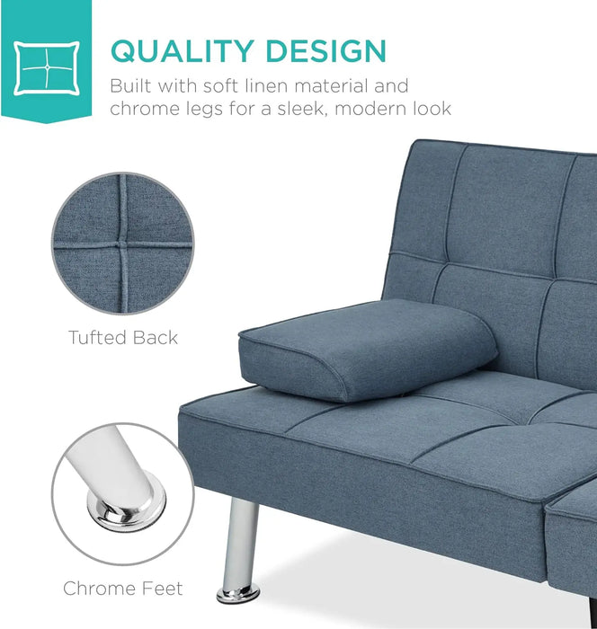 Linen Modern Folding Futon, Reclining Sofa Bed for Apartment, Dorm w/Removable Armrests, 2 Cupholders