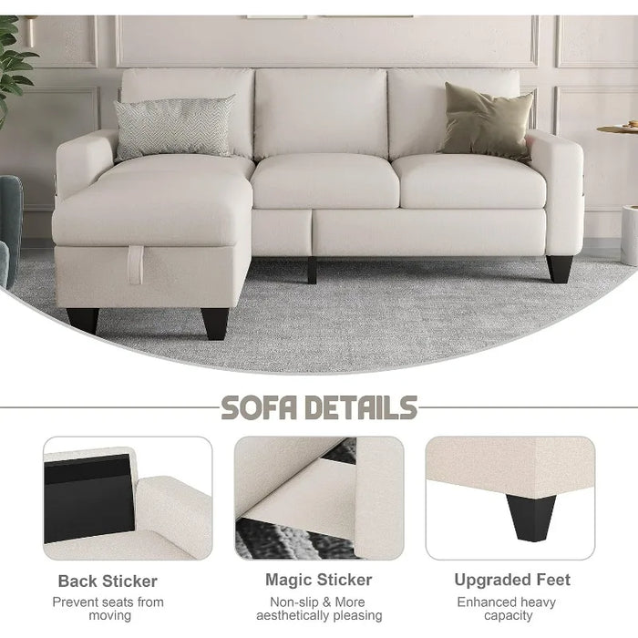 Convertible Sectional Sofa Couch,Beige Linen Fabric Modern 3-Seat L-Shaped Upholstered Furniture with Storage Reversible Ottoman
