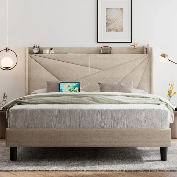 King-size Bed Frame With C-shaped And USB Ports, Padded Platform Bed Frame With Wingback Storage Headboard