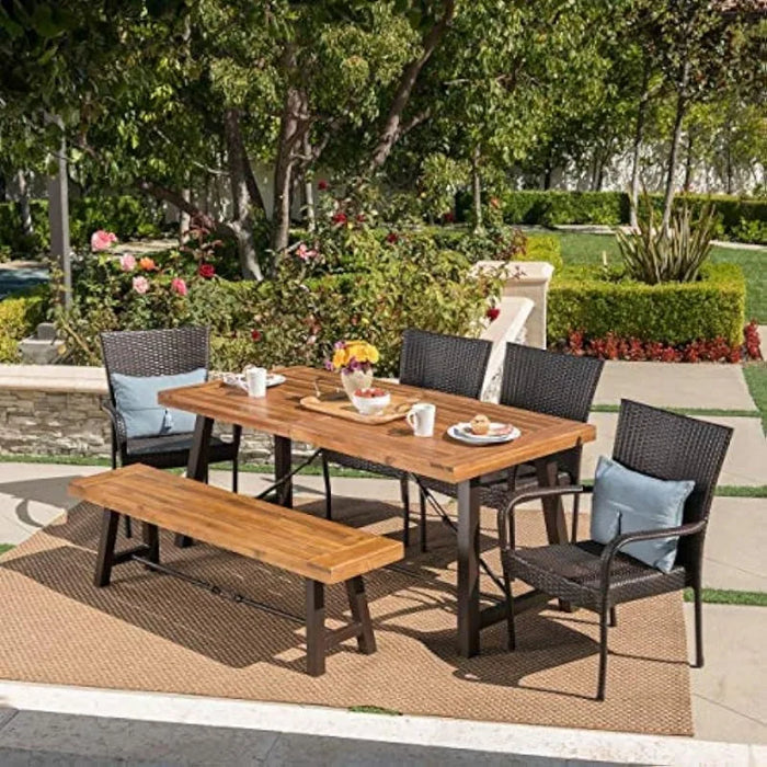 Knight Home Salla Outdoor Acacia Wood Dining Set with Wicker Stacking Chairs, 6-Pcs Set, Teak Finish / Rustic Metal / Multibrown