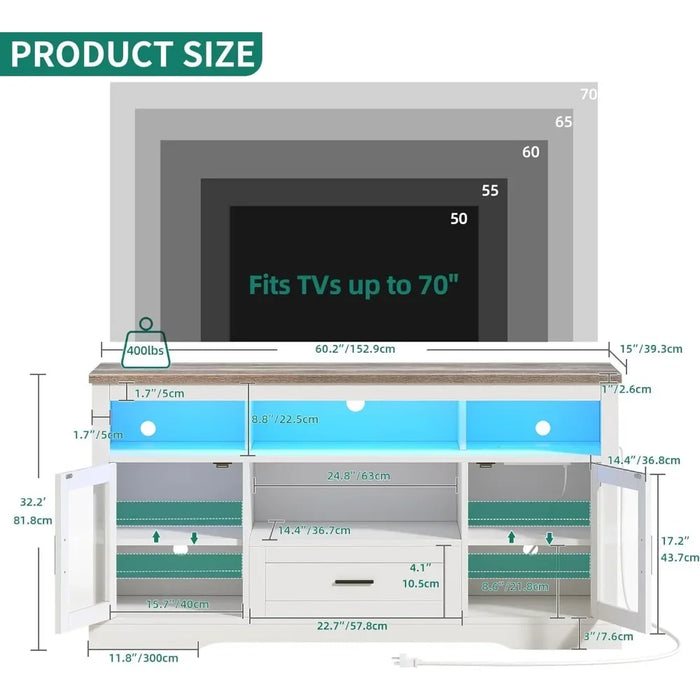 LED Farmhouse TV Bracket for TVs over 65 inches with socket and USB port with glass door, living room wooden media console