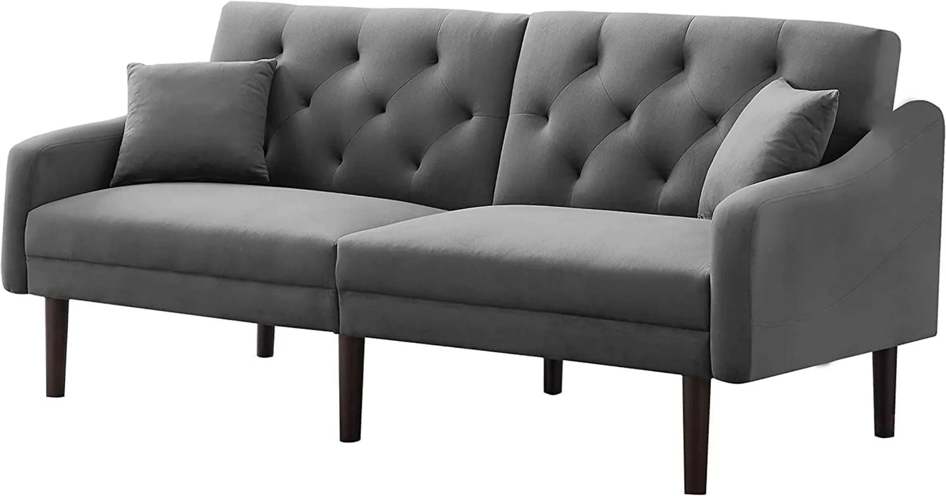 DNYN Convertible Sleeper Futon Sofa with 2 Pillows, Velvet Tufted Couch w/Metal Legs and Adjustable Backrest,Gray