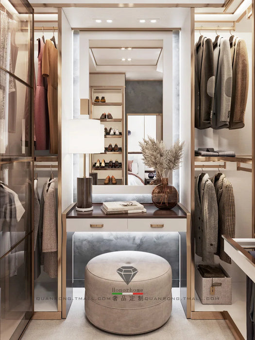 U-shaped cloakroom cabinet combination light luxury women's villa whole house wardrobe stainless steel metal cloakroom