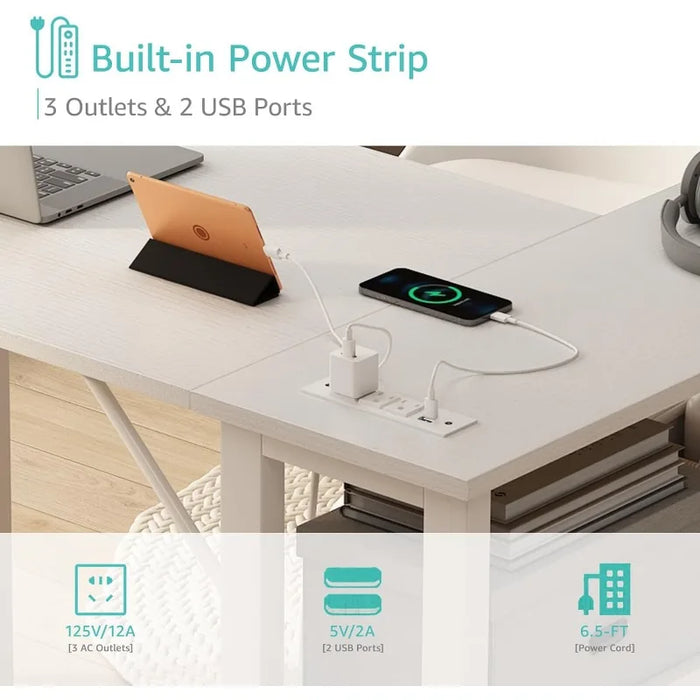 Lufeiya White L Shaped Computer Desk with Drawers & Storage Shelves, 47 Inch Corner Desk with Power Outlet for Home Office