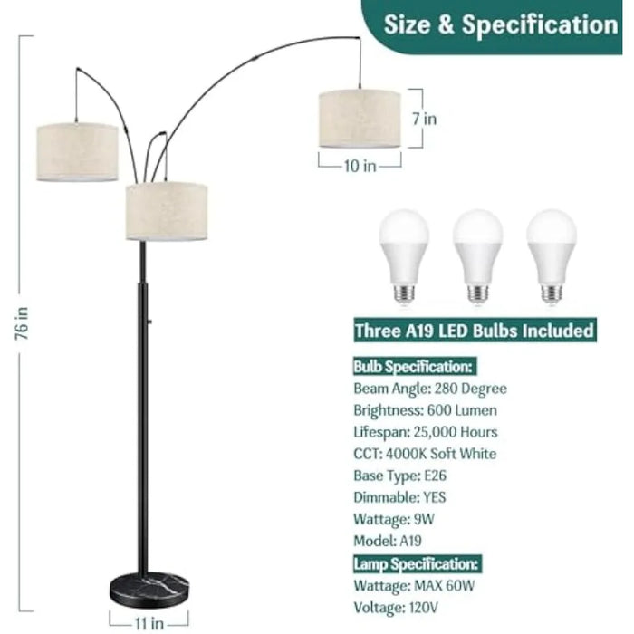 Modern Dimmable Floor Lamp with Adjustable Hanging Fabric Shades, 3-Light Arc Tall Standing  Lamp, 3 LED Bulbs Included