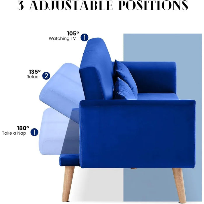 Futon Sofa Bed, Velvet Convertible Sofa Couch Sleeper with Wood Legs & 2 Pillows, Upholstered Loveseat for Small Spaces