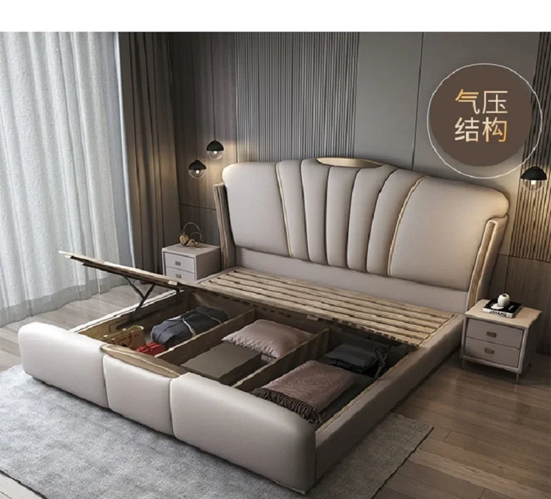 Italian light luxury leather bed, 1.8m master bedroom double bed, modern minimalist leather art bed, 1.5m high box storage bed