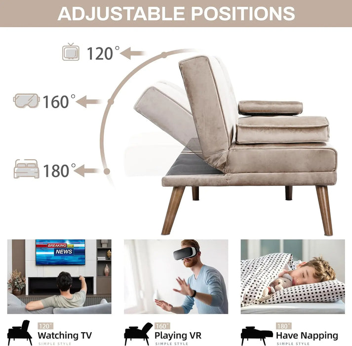 Futon Couch Sofa Bed Convertible Small Loveseat Sleeper with Cup Holder, Wood Legs, Removable Armrests - Multiple Colors