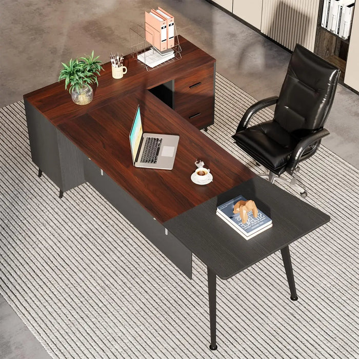 87” Extra Large Executive Desk with 51” File Cabinet,L-Shaped Office Desk with Drawer and Storage Shelves,Business Furniture Set