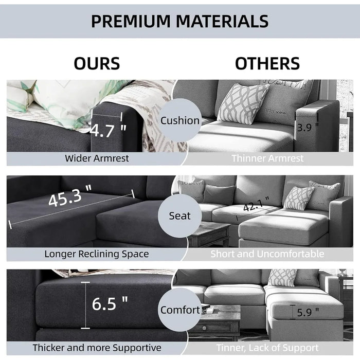 Convertible Sectional Sofa Couch, Modern Linen Fabric L-Shaped Couch 3-Seat Sofa Sectional with Reversible Chaise